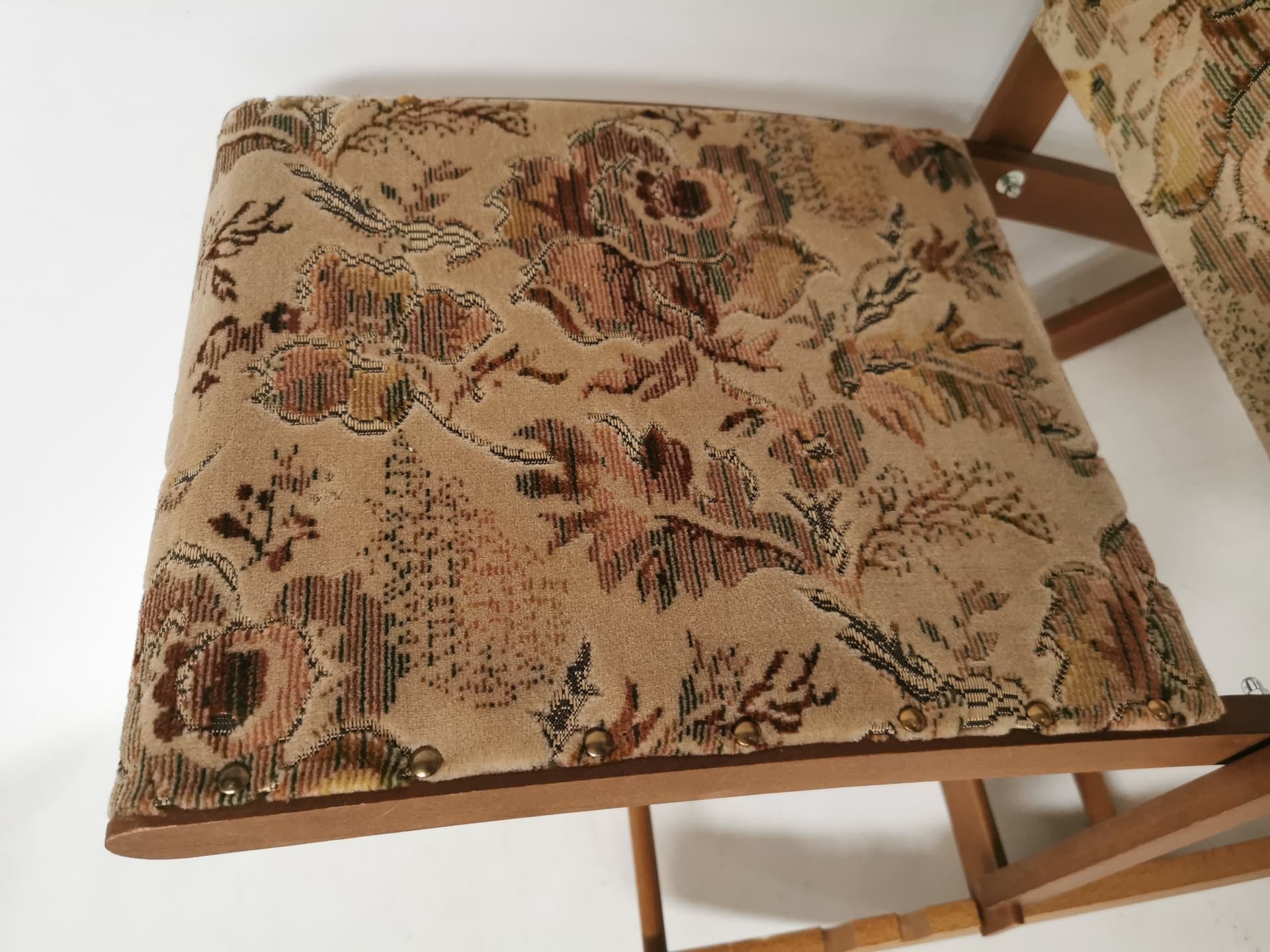 Rocking footstool, brown wood, beige green fabric, 1960s - 402505