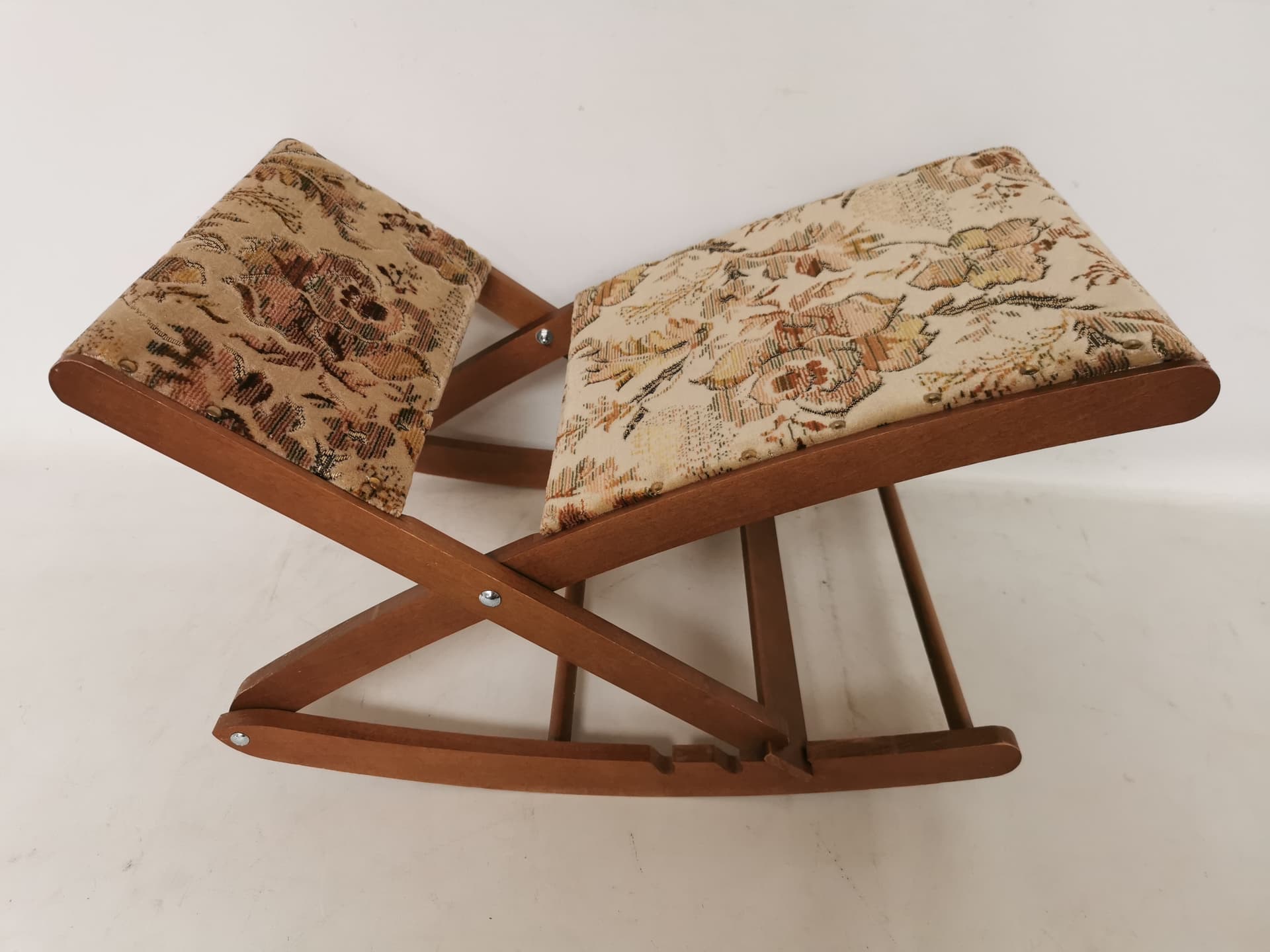 Rocking footstool, brown wood, beige green fabric, 1960s - 402499