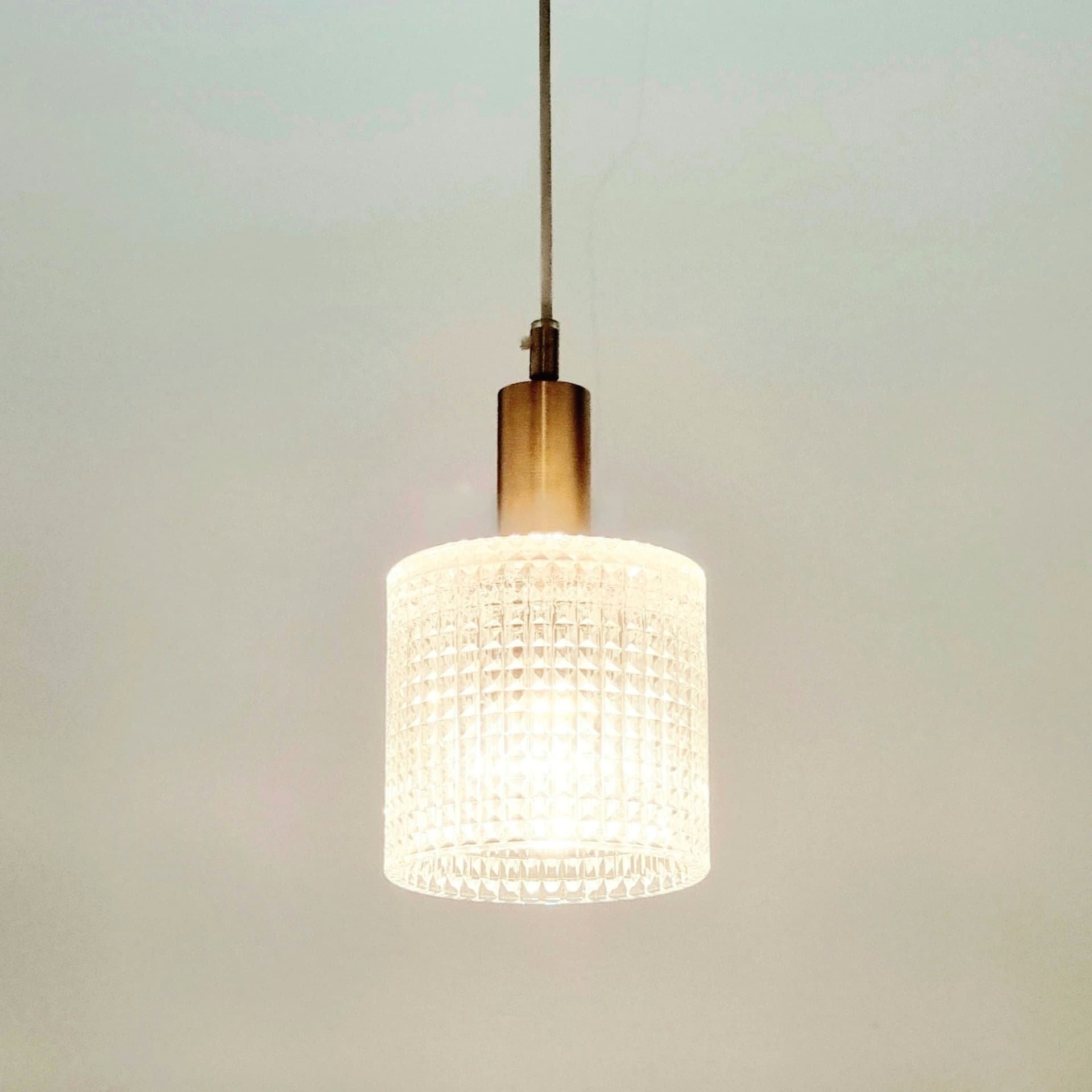 Ceiling lamp, transparent crystal, golden brass, by C. Fagerlund, Orrefors, Sweden, 1960s. - 402530