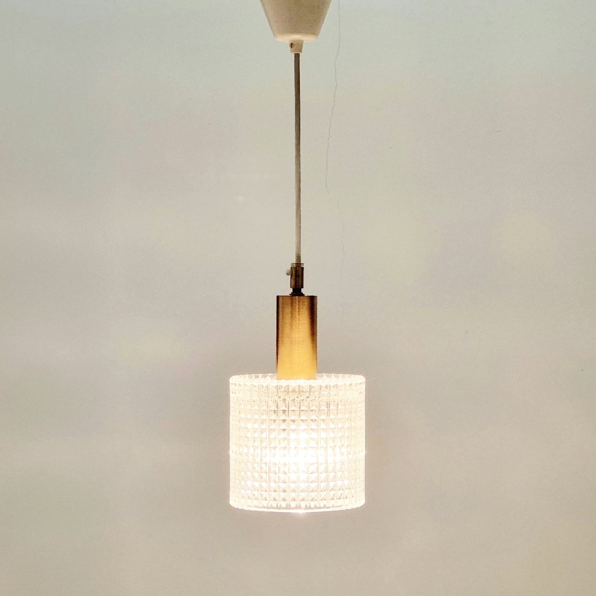 Ceiling lamp, transparent crystal, golden brass, by C. Fagerlund, Orrefors, Sweden, 1960s. - 402531