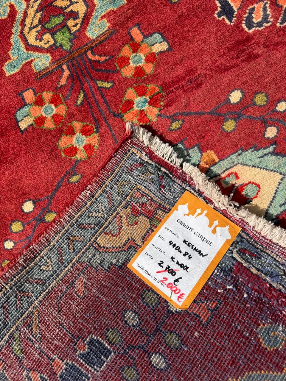 Runner Keshan 440x84 cm, red, wool, Iran - 402580