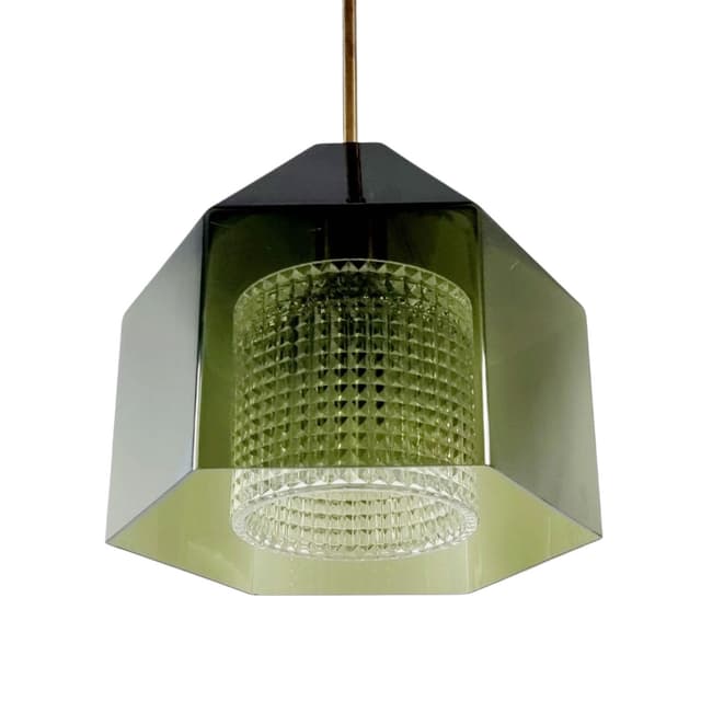 Ceiling lamp, green glass, brass, by C. Fagerlund, Orrefors, Sweden, 1960s. - DIMENSION