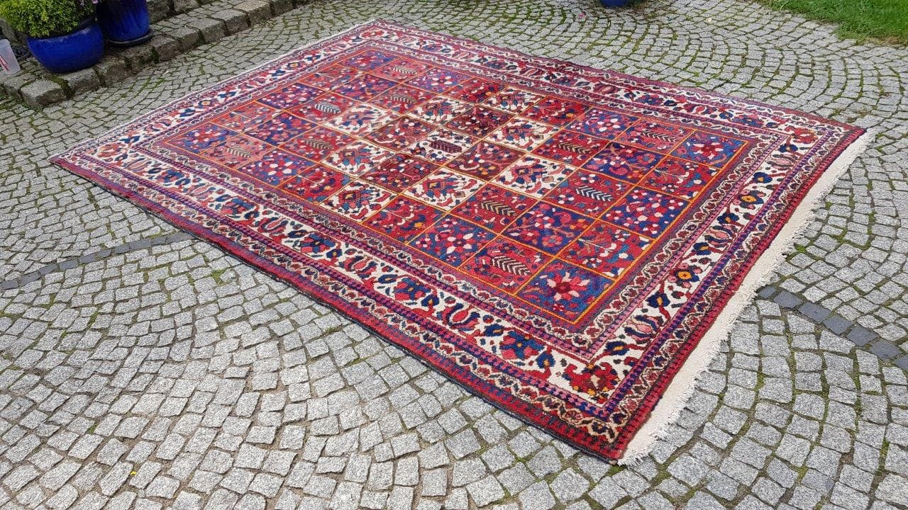 Dywan Bakhtiari 300x210 cm, czerwony niebieski biały żółty zielony, wełna bawełna, Iran, lata 70. - 402681