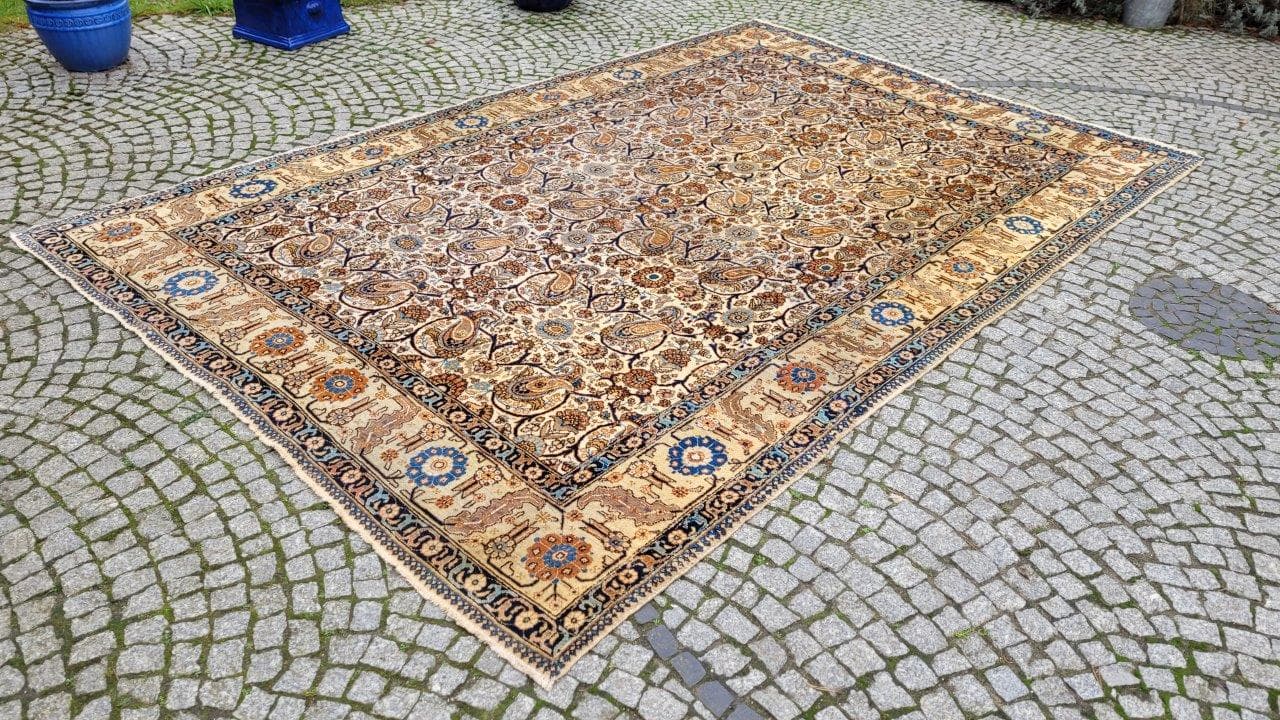 Persian carpet, beige blue brown orange, wool cotton, Iran, 1940s, 240x355 cm - 402723