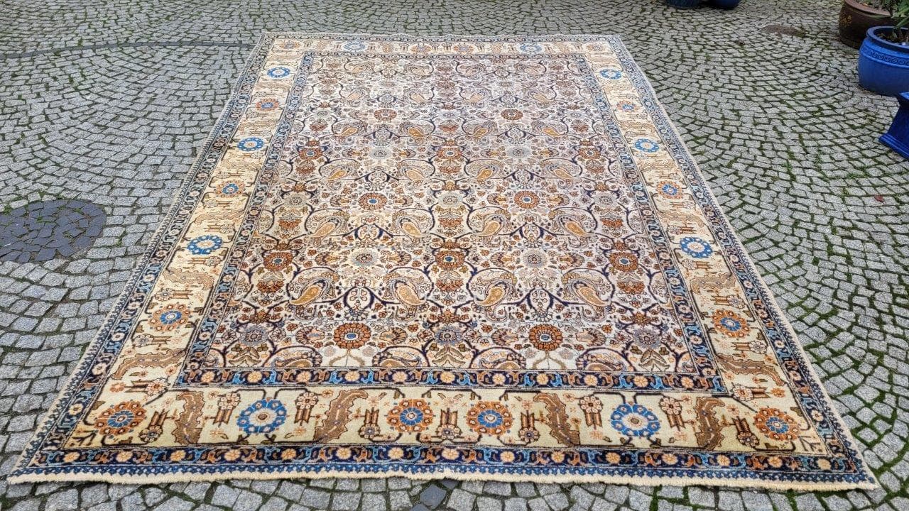 Persian carpet, beige blue brown orange, wool cotton, Iran, 1940s, 240x355 cm - 402719