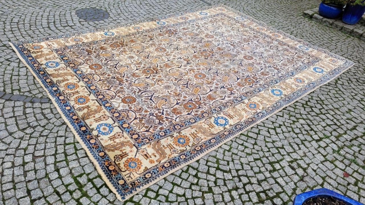 Persian carpet, beige blue brown orange, wool cotton, Iran, 1940s, 240x355 cm - 402721