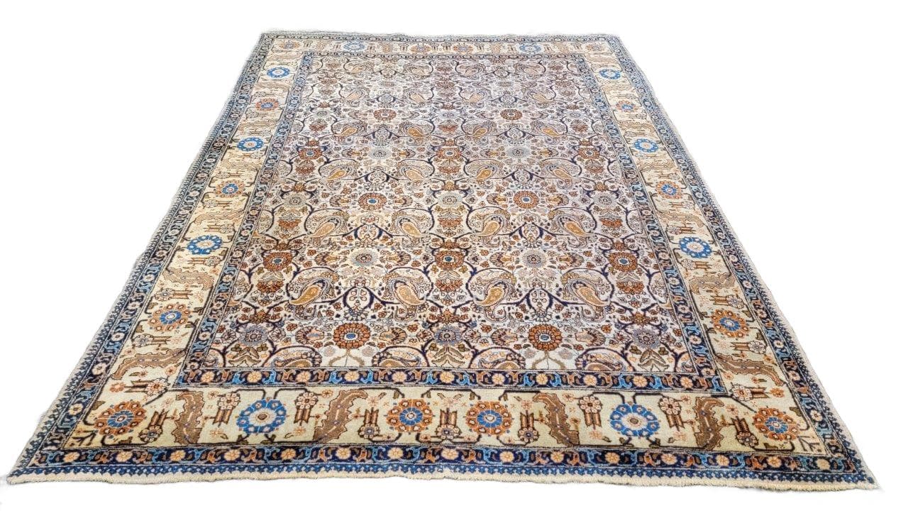Persian carpet, beige blue brown orange, wool cotton, Iran, 1940s, 240x355 cm