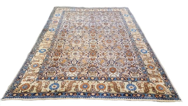 Persian carpet, beige blue brown orange, wool cotton, Iran, 1940s, 240x355 cm - DIMENSION