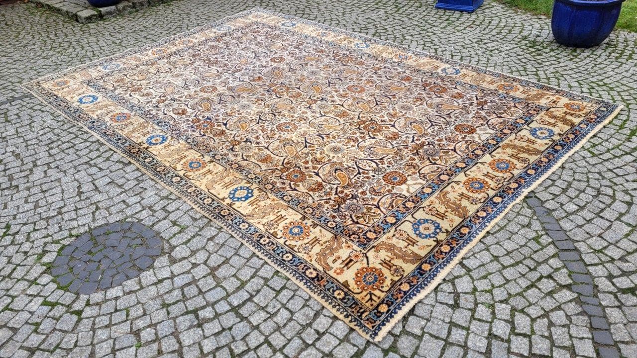 Persian carpet, beige blue brown orange, wool cotton, Iran, 1940s, 240x355 cm - 402720