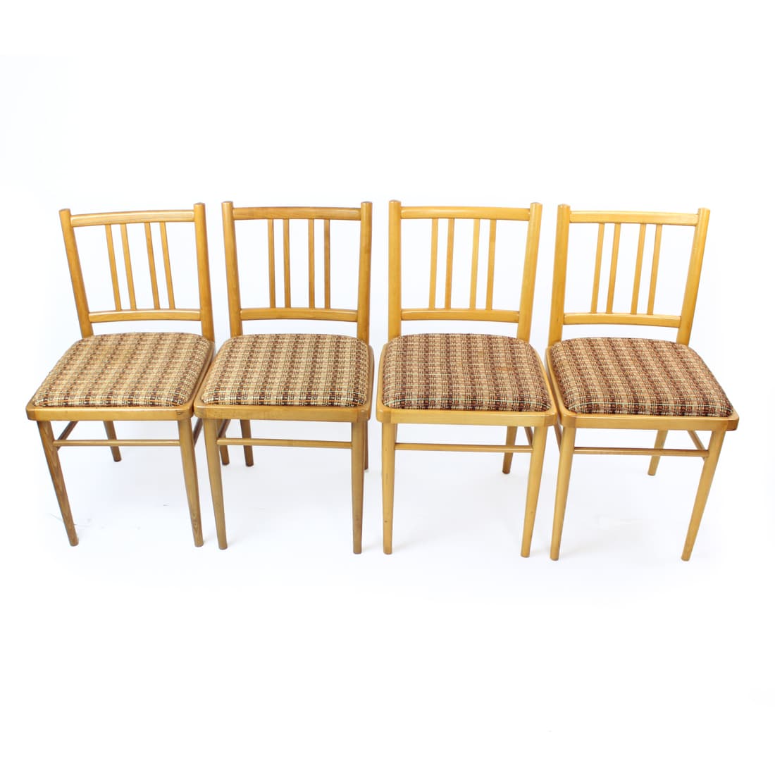 Set of four dining chairs, light oak, beige fabric, TON, 1960s. - 402875