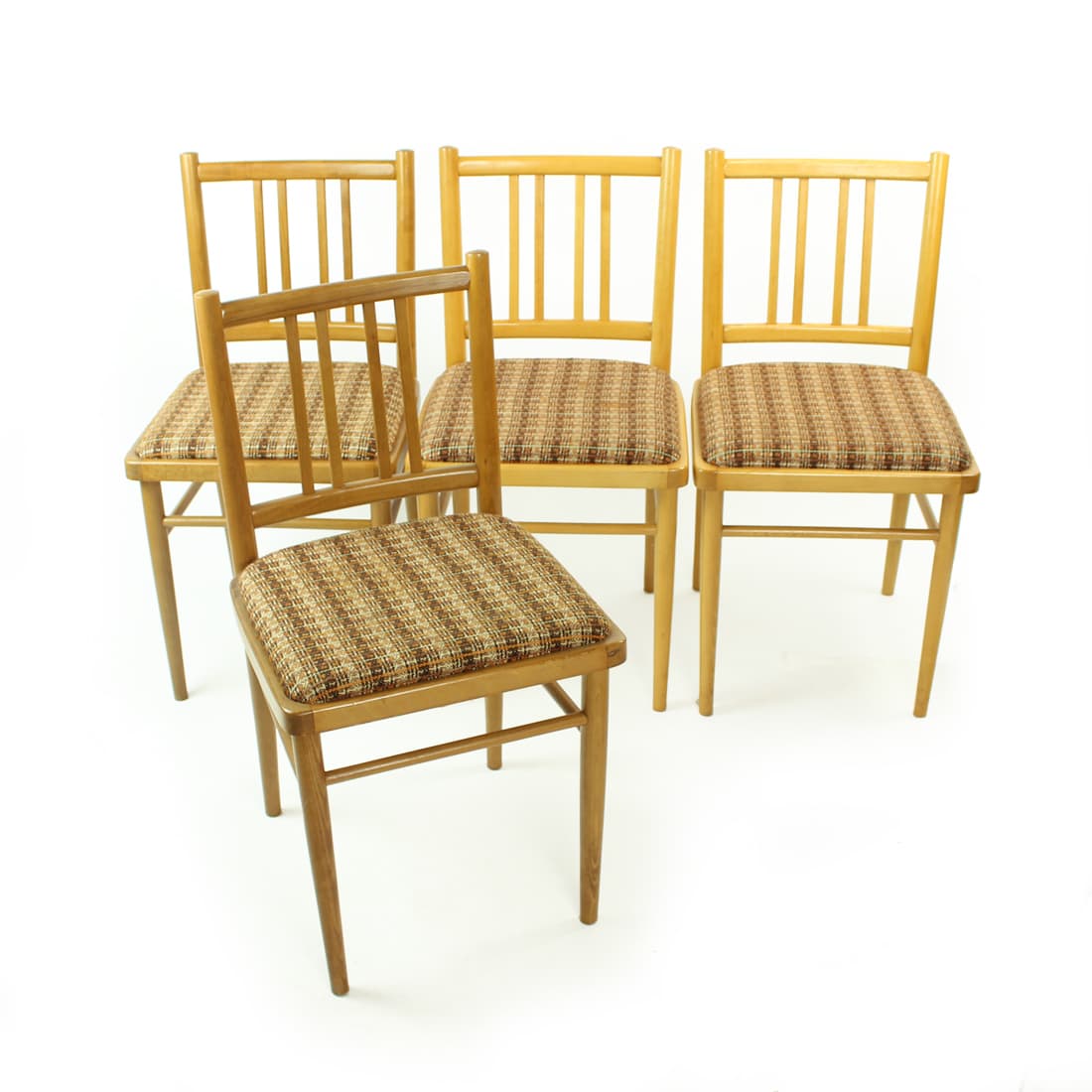 Set of four dining chairs, light oak, beige fabric, TON, 1960s. - 402874