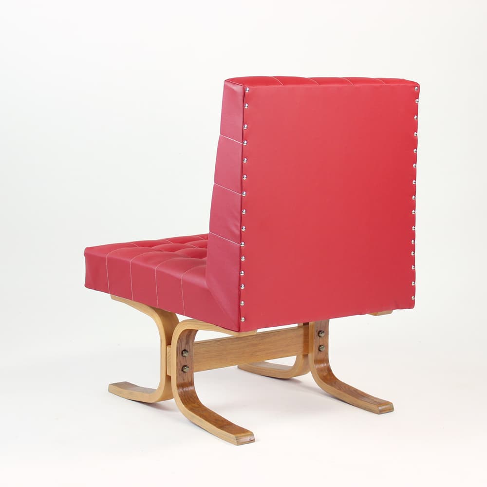Armchair Bratislava, red faux leather, brown plywood, by L. Volák, Dřevopodnik Holešov, Czechoslovakia, 1960s. - 402911