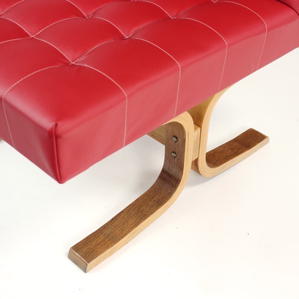 Armchair Bratislava, red faux leather, brown plywood, by L. Volák, Dřevopodnik Holešov, Czechoslovakia, 1960s. - 402907