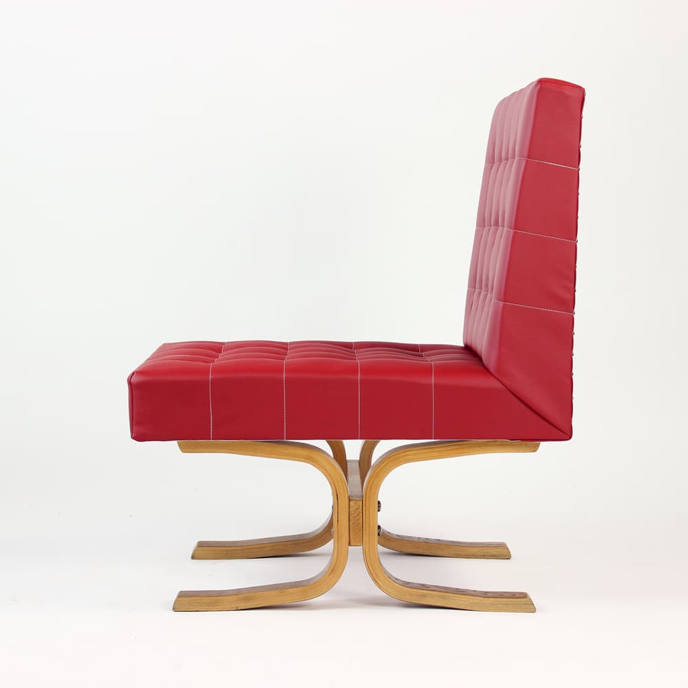 Armchair Bratislava, red faux leather, brown plywood, by L. Volák, Dřevopodnik Holešov, Czechoslovakia, 1960s. - 402918