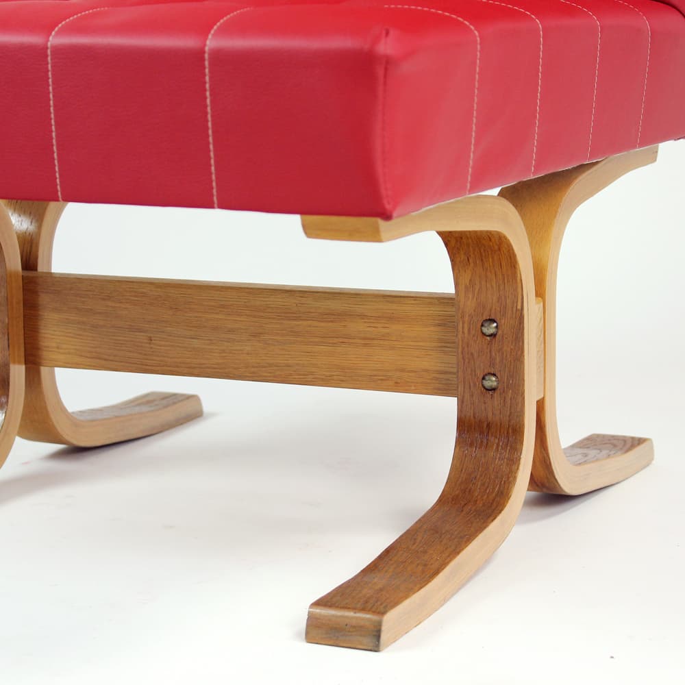 Armchair Bratislava, red faux leather, brown plywood, by L. Volák, Dřevopodnik Holešov, Czechoslovakia, 1960s. - 402909