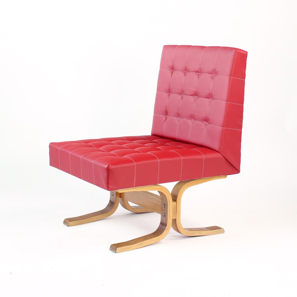 Armchair Bratislava, red faux leather, brown plywood, by L. Volák, Dřevopodnik Holešov, Czechoslovakia, 1960s. - 402905
