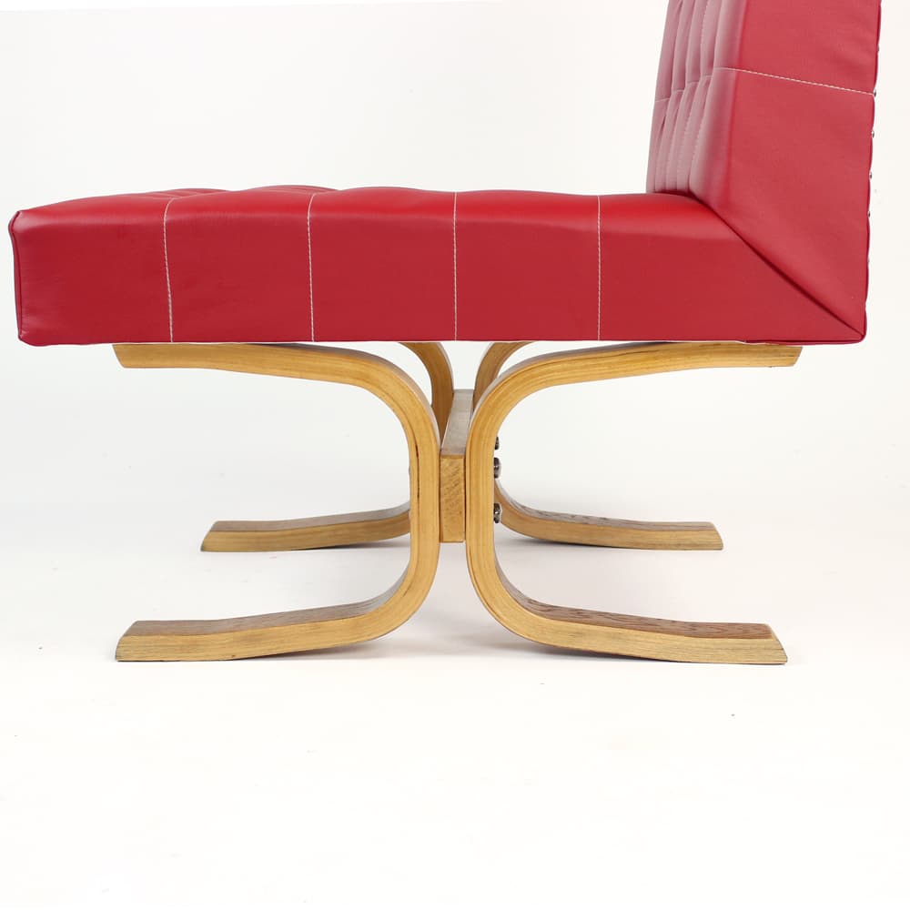 Armchair Bratislava, red faux leather, brown plywood, by L. Volák, Dřevopodnik Holešov, Czechoslovakia, 1960s. - 402908
