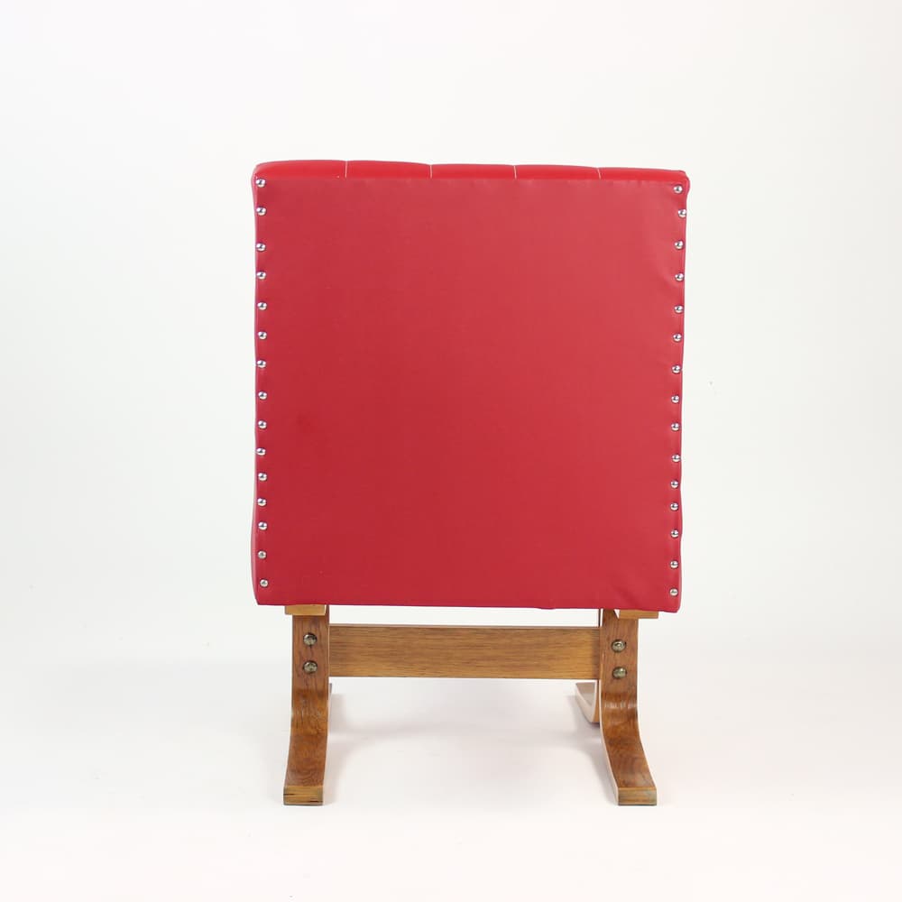 Armchair Bratislava, red faux leather, brown plywood, by L. Volák, Dřevopodnik Holešov, Czechoslovakia, 1960s. - 402912