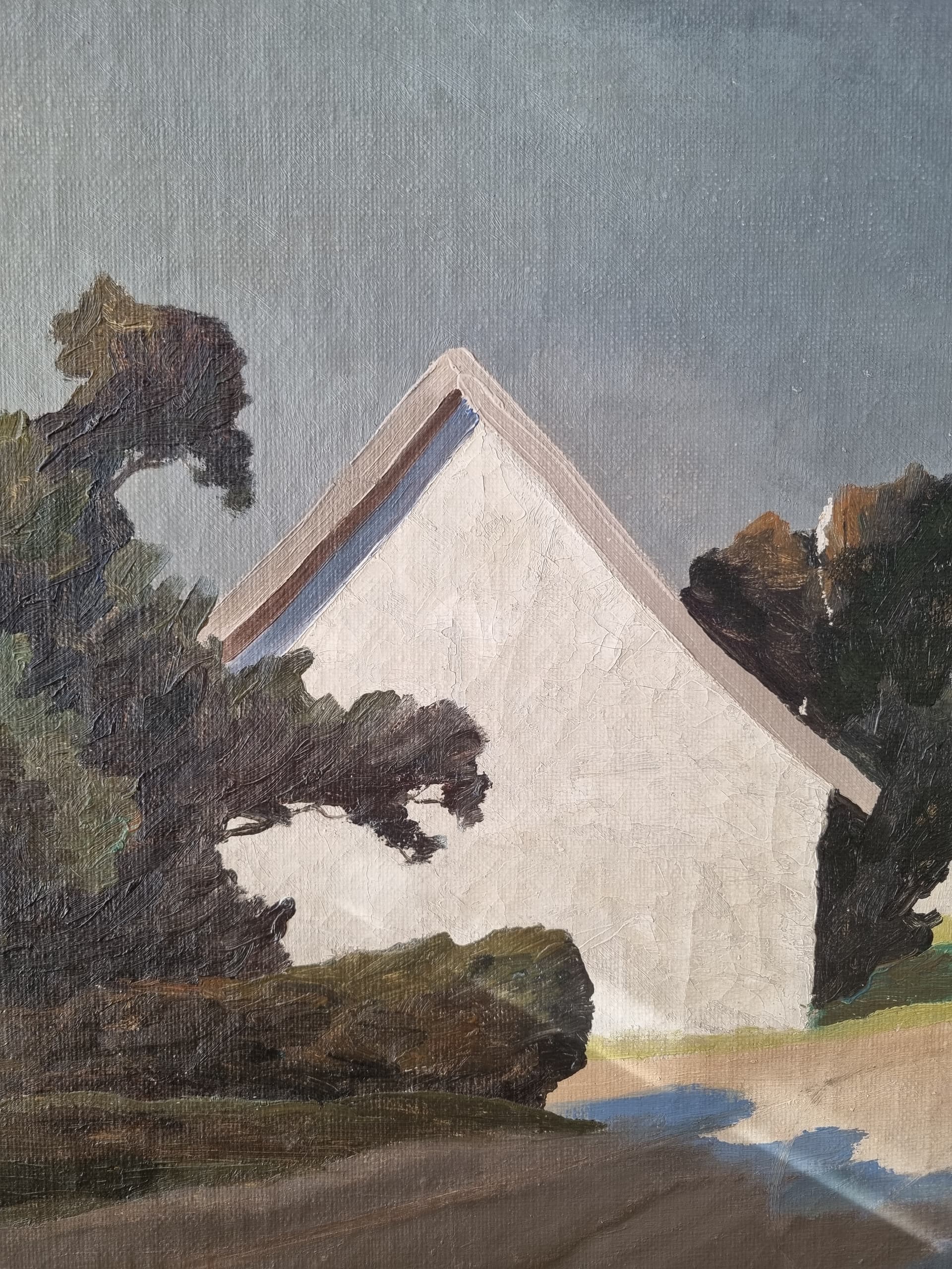 Obraz pejzaż, szary biały zielony, olej płótno, aut. J. Frode, Dania, lata 70. - 403448