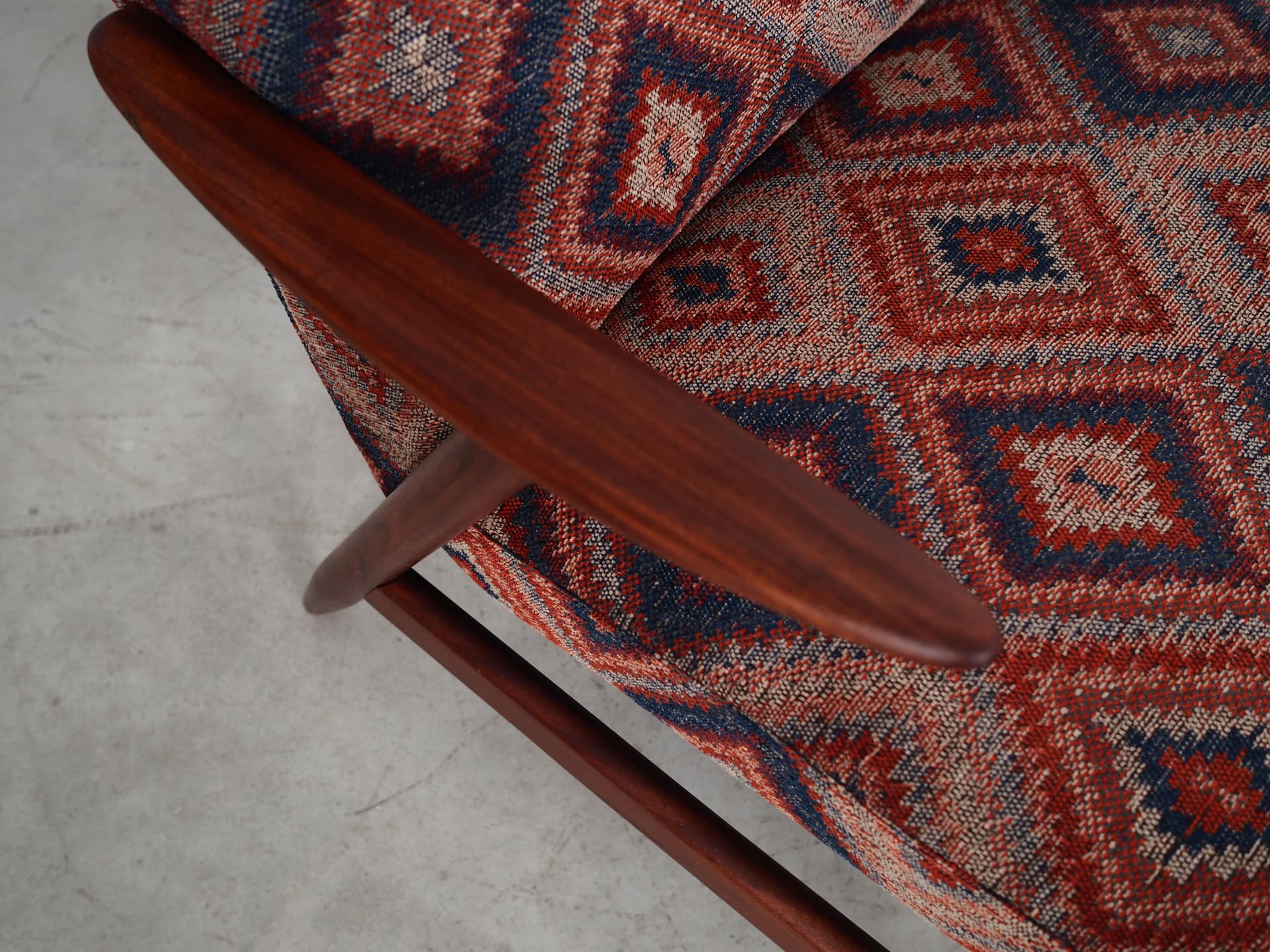 Armchair, teak, multicolor upholstery, Denmark, 1970s - 64670