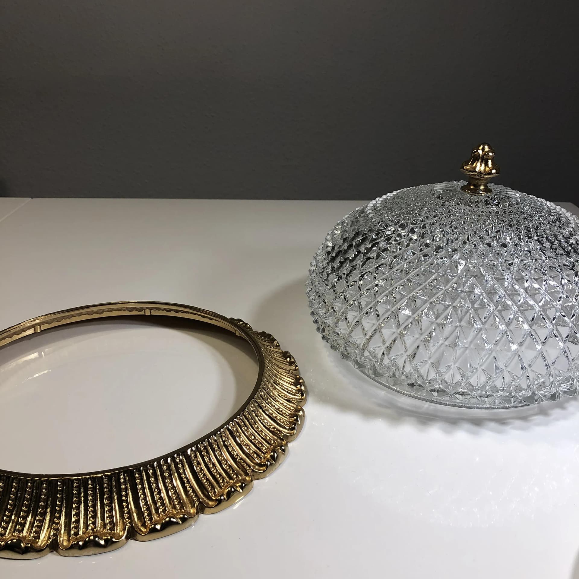 Ceiling light, transparent glass, brass, Limburg, Germany, 1980s. - 29996