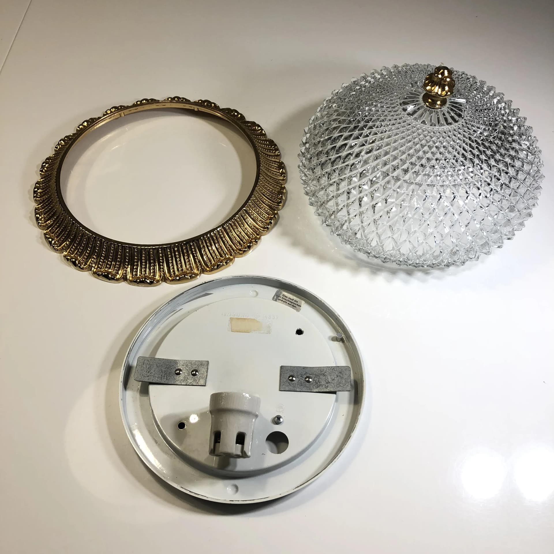 Ceiling light, transparent glass, brass, Limburg, Germany, 1980s. - 29993