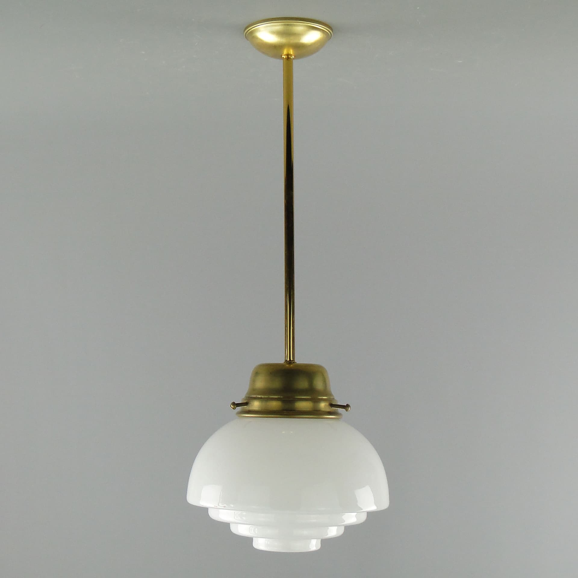 Ceiling Lamp Art Deco, white glass, brass, Poland, 1920s. - 3559