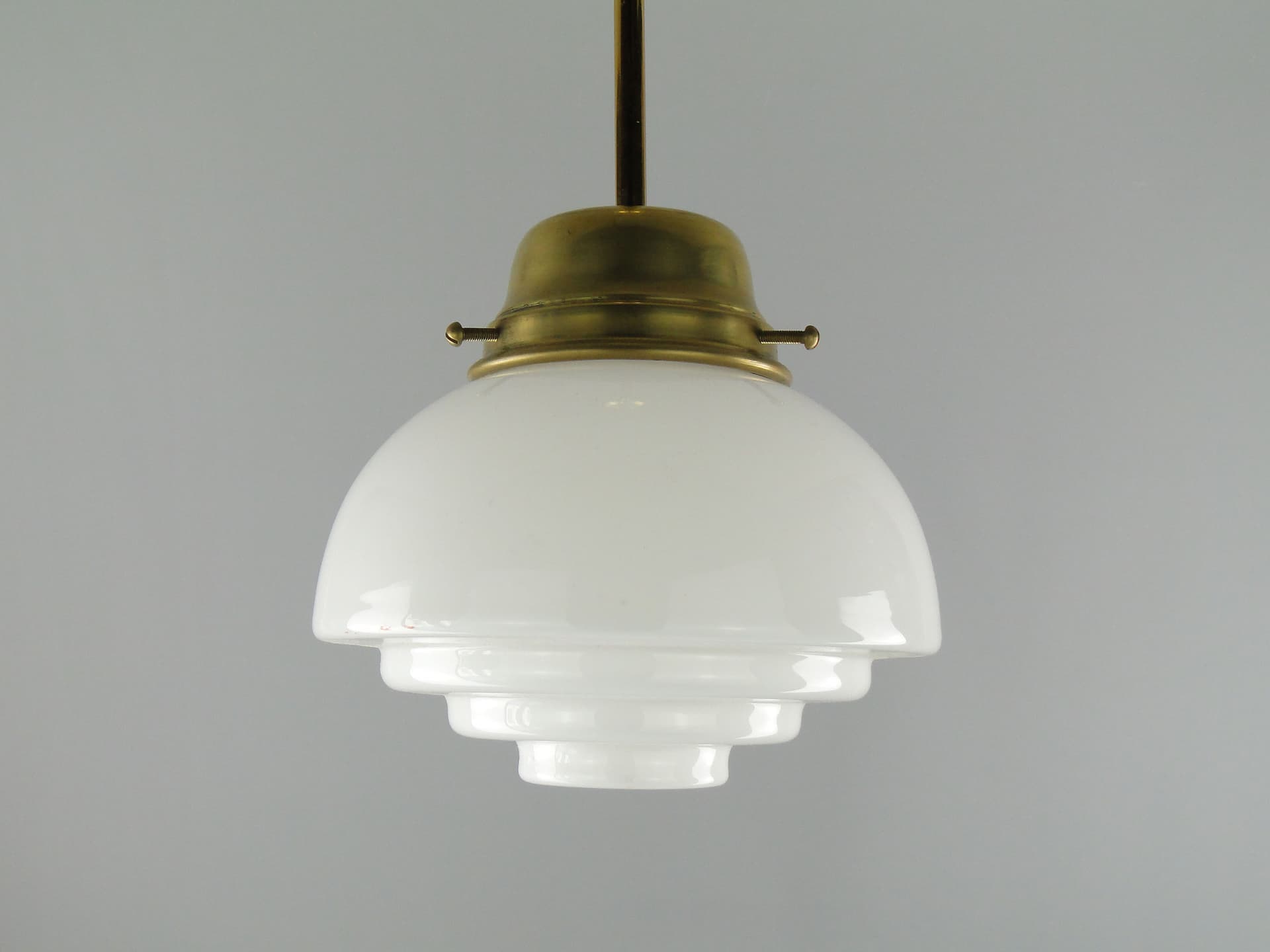 Ceiling Lamp Art Deco, white glass, brass, Poland, 1920s. - 3560