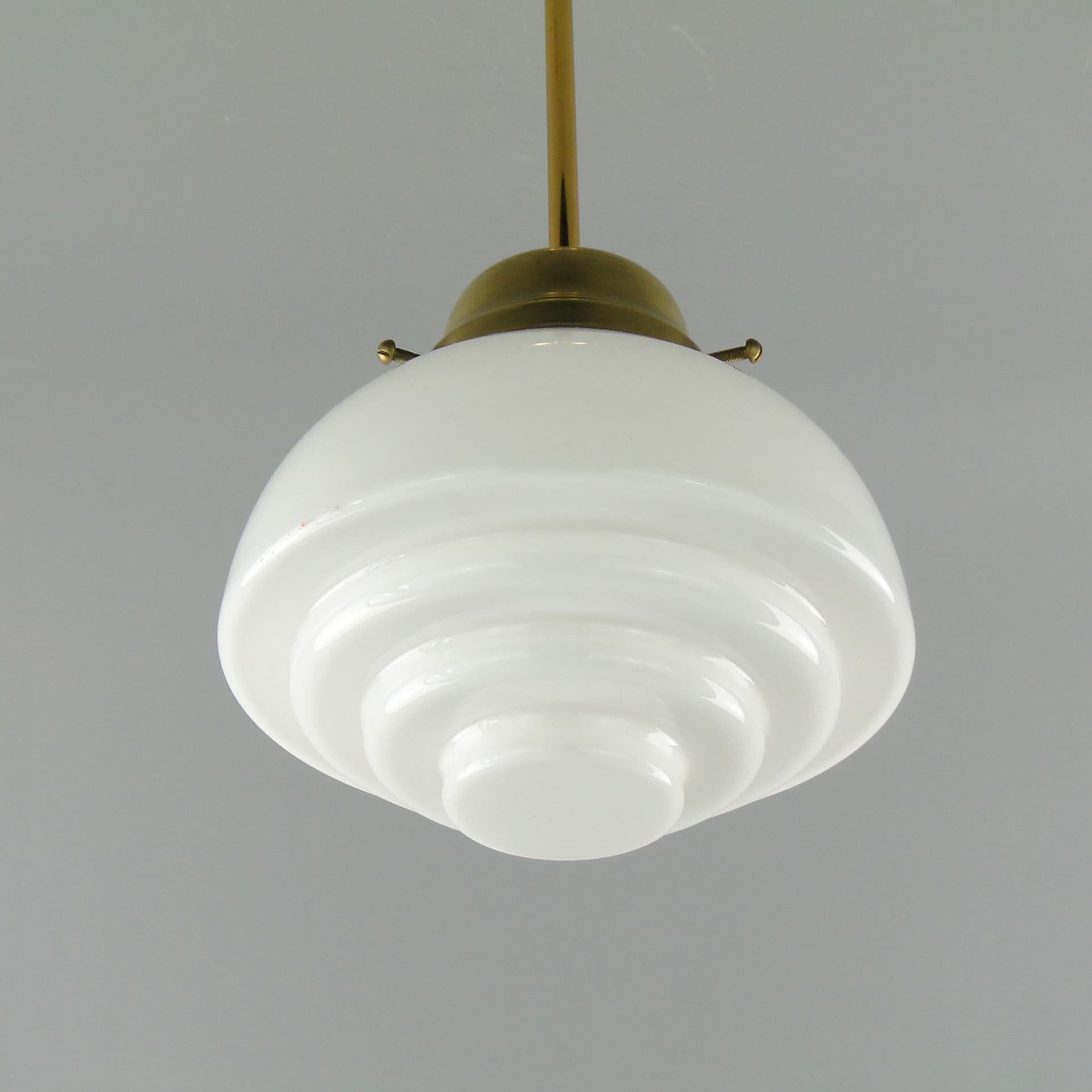 Ceiling Lamp Art Deco, white glass, brass, Poland, 1920s. - 3562