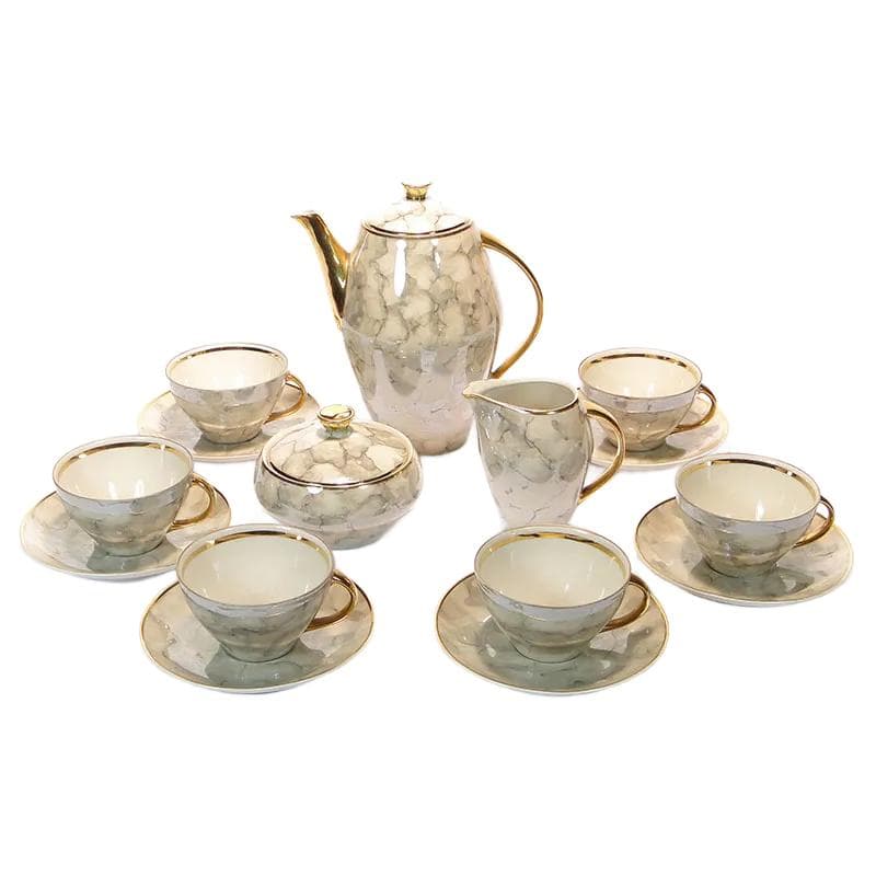 Ivory Marbled Porcelain Coffee Set with Gilding, by W. Potacki for Karolina, Poland, 1960s