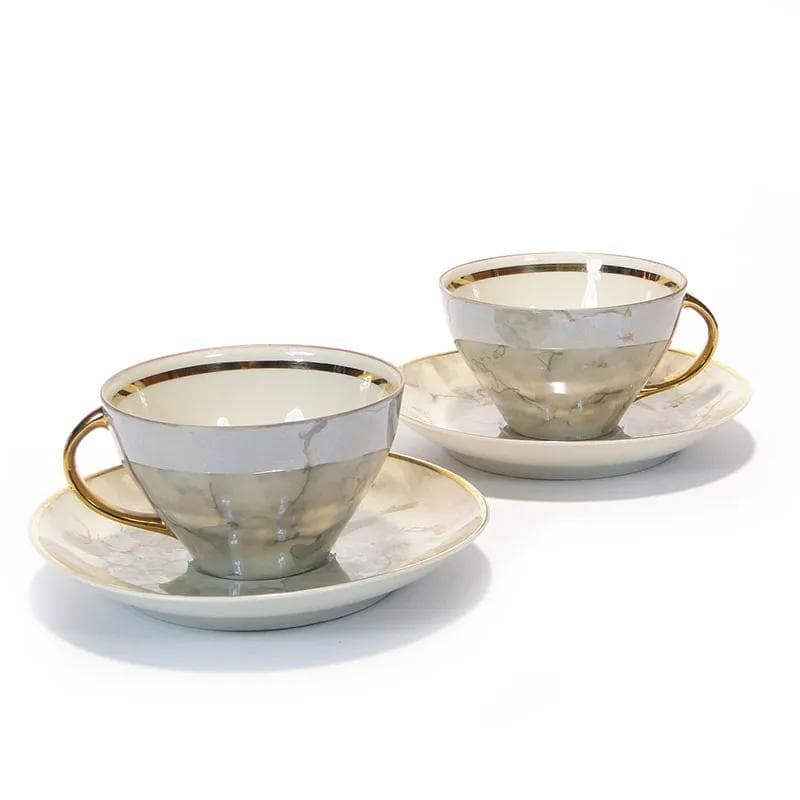 Kremowobiały, marmurkowy serwis kawowy z porcelany ze złoceniami, proj. W. Potacki dla Karolina, Polska, lata 60. - 30088