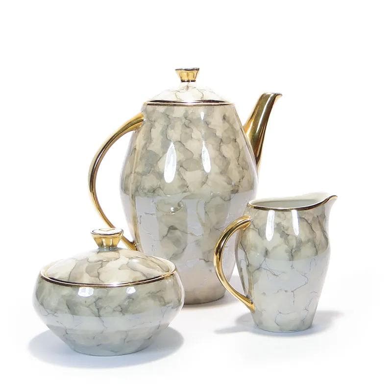 Kremowobiały, marmurkowy serwis kawowy z porcelany ze złoceniami, proj. W. Potacki dla Karolina, Polska, lata 60. - 30086