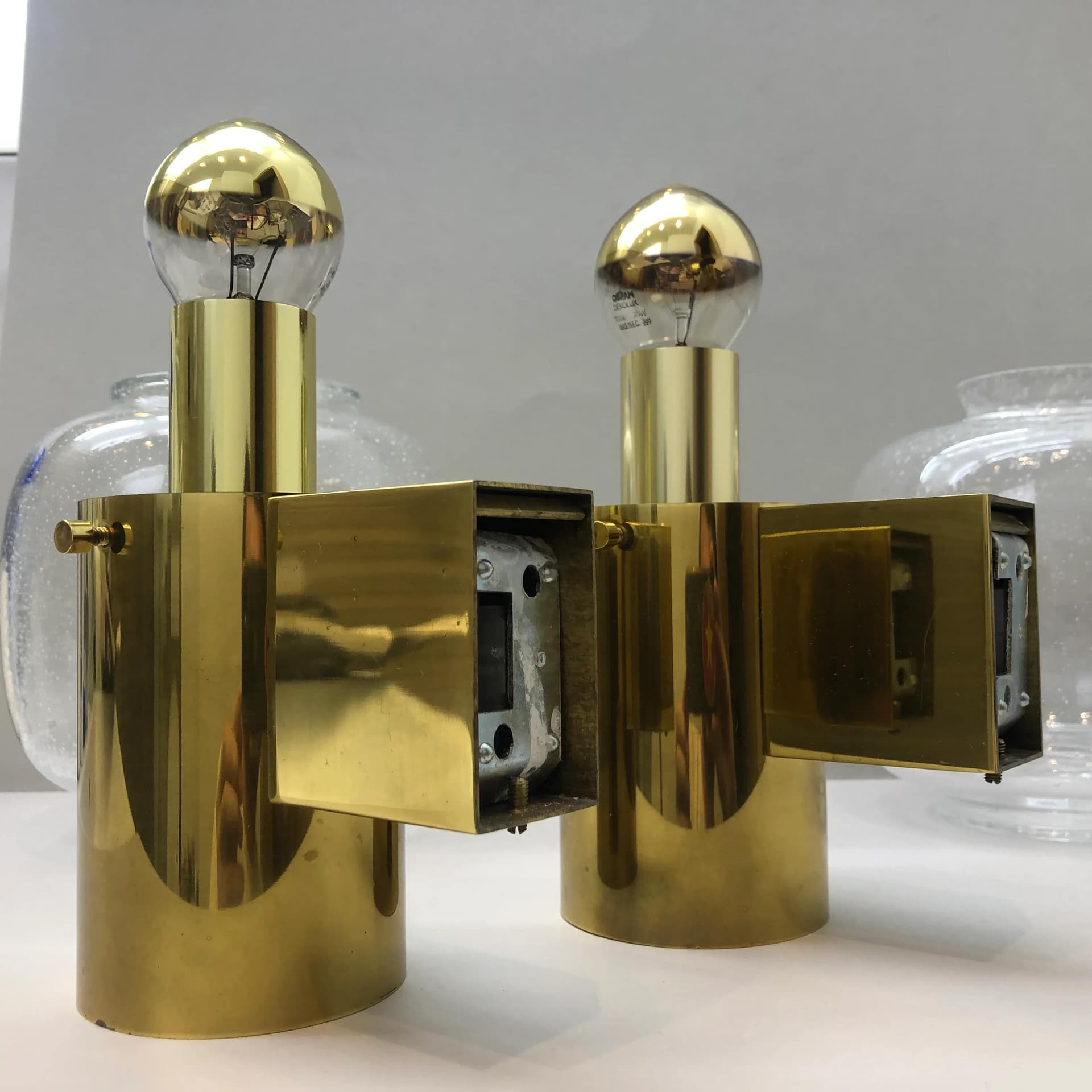 Para kinkietów, mosiądz złoty, szkło, Glashütte Limburg, Niemcy, lata 70. - 29971