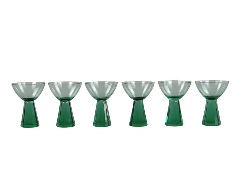 Set of Art Deco glasses, green uranium crystal glass, Czech Republic, 1930s.