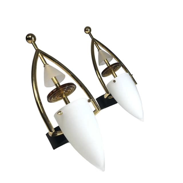 Pair of wall sconces Space Age, gilded brass, glass, Germany, 1970s. - DIMENSION
