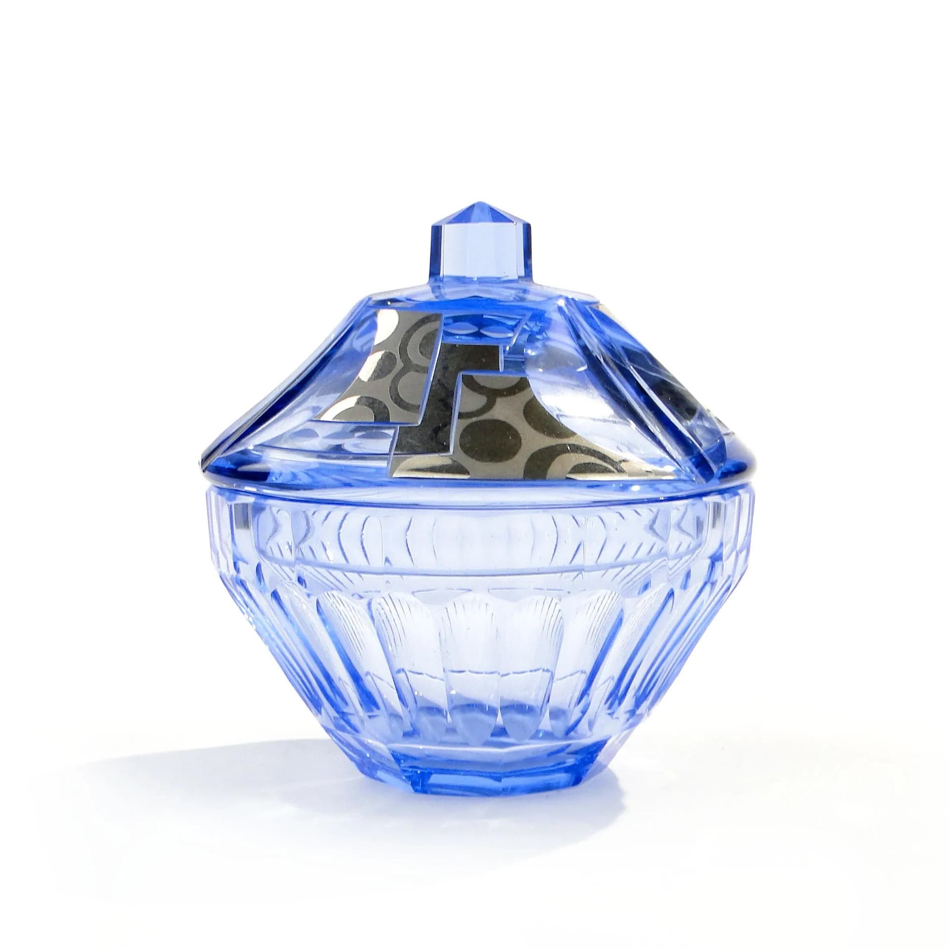 Bomboniera Art déco, szkło kryształowe błękitne, srebro, Moser, Czechosłowacja, lata 30. - 30499