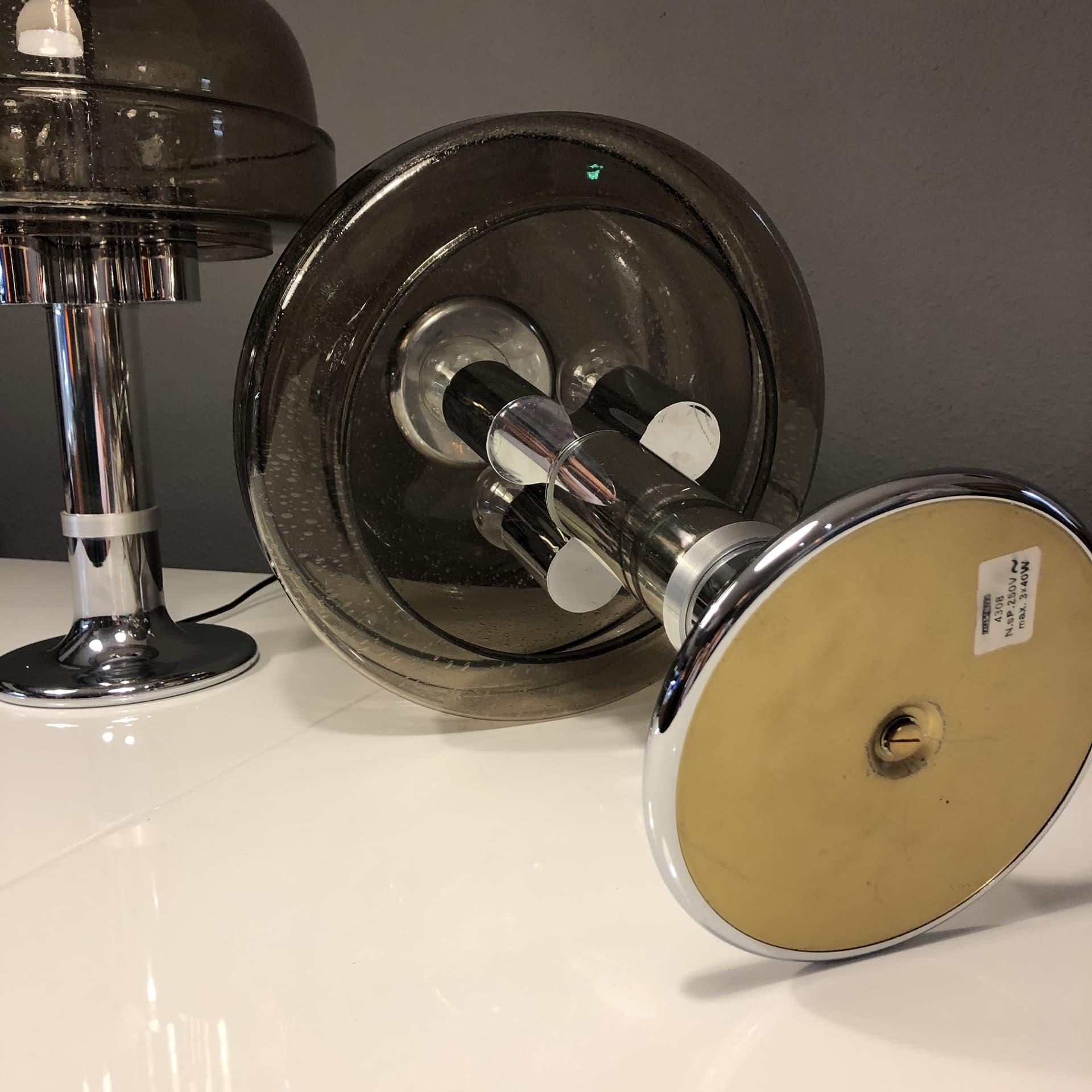 Set of bedside lamps, Space Age, smoked glass, chrome steel, Graewe, Germany, 1970s - 81981