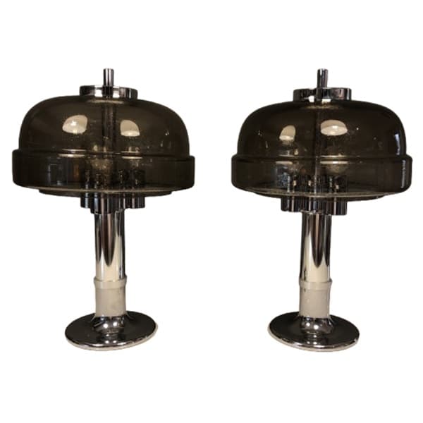 Set of bedside lamps, Space Age, smoked glass, chrome steel, Graewe, Germany, 1970s - DIMENSION