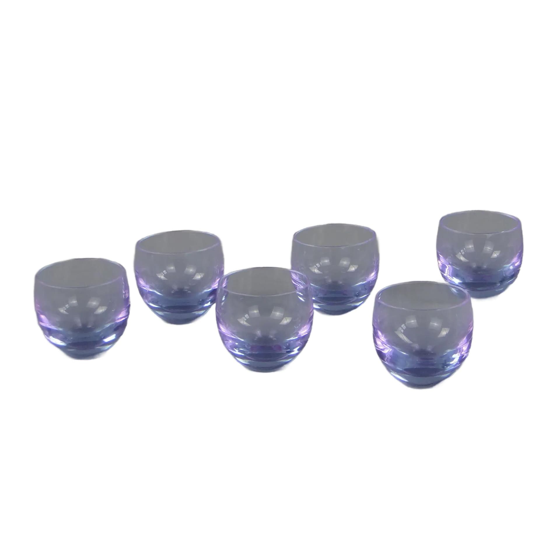 Set of Culbutto glasses, neodymium crystal, by R. Eschler, Moser, Czechoslovakia, 1950s.