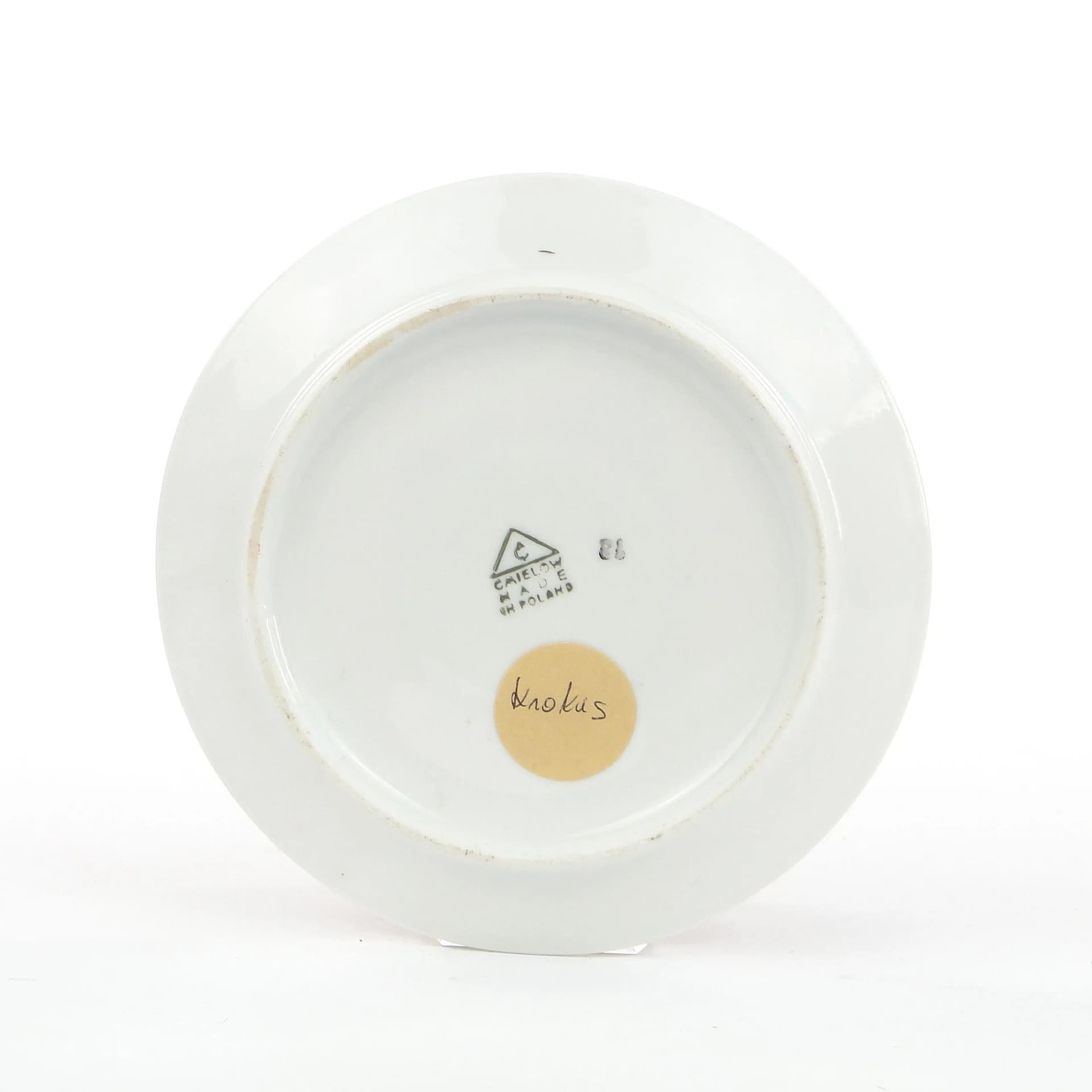 Różowo-biały, złocony spodek Krokus, proj. W. Potacki dla Ćmielowa, Polska, lata 60. - 30984