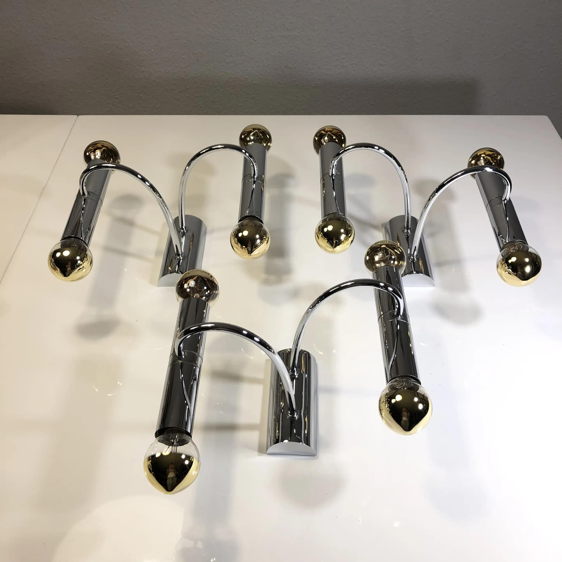 Set of Three Wall Sconces, Space Age, silver chrome-plated brass, Cosack Leuchten, Germany, 1960s. - 31162
