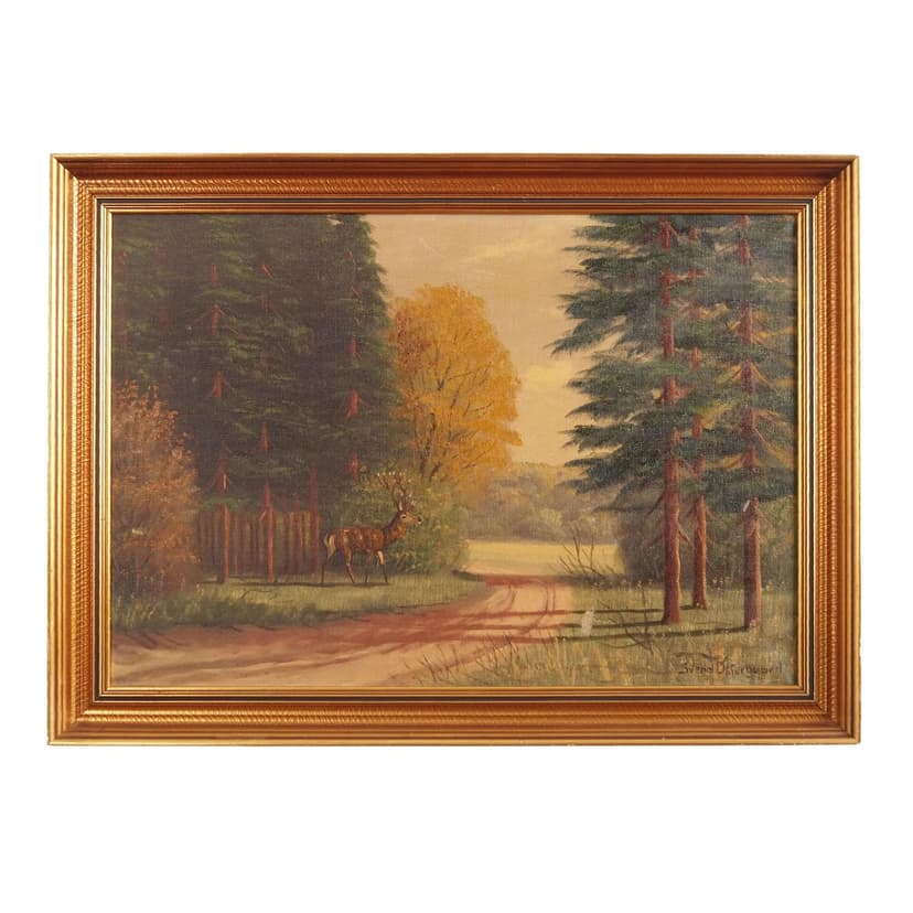 Obraz olejny na płótnie, brąz ciemny, rama drewno, Skandynawia, lata 70.