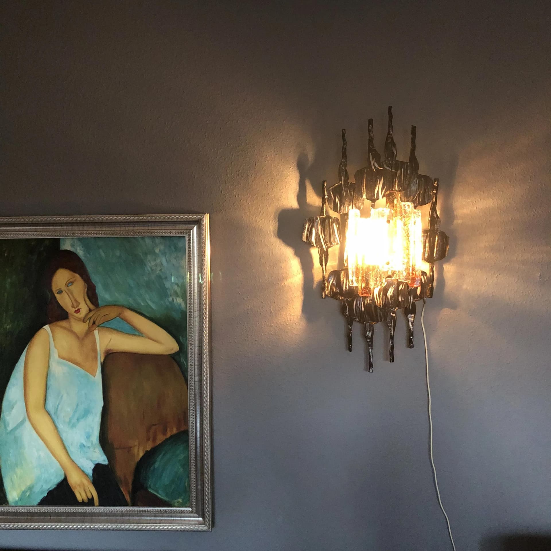 Brutalist wall lamp, grey metal, Murano glass, by T. Ahlström & H. Ehrlich, Sweden, 1960s. - 31360