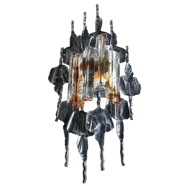 Brutalist wall lamp, grey metal, Murano glass, by T. Ahlström & H. Ehrlich, Sweden, 1960s. - DIMENSION