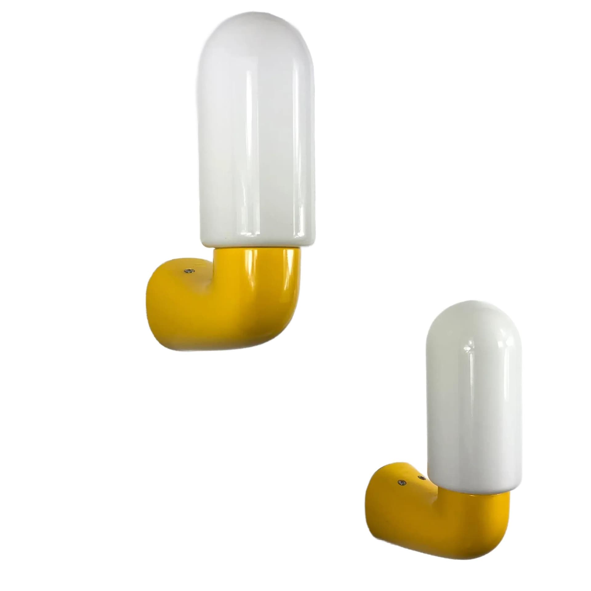 Pair of wall sconces Pop Art, yellow plastic, opal glass, Dietsche, Germany, 1980s.