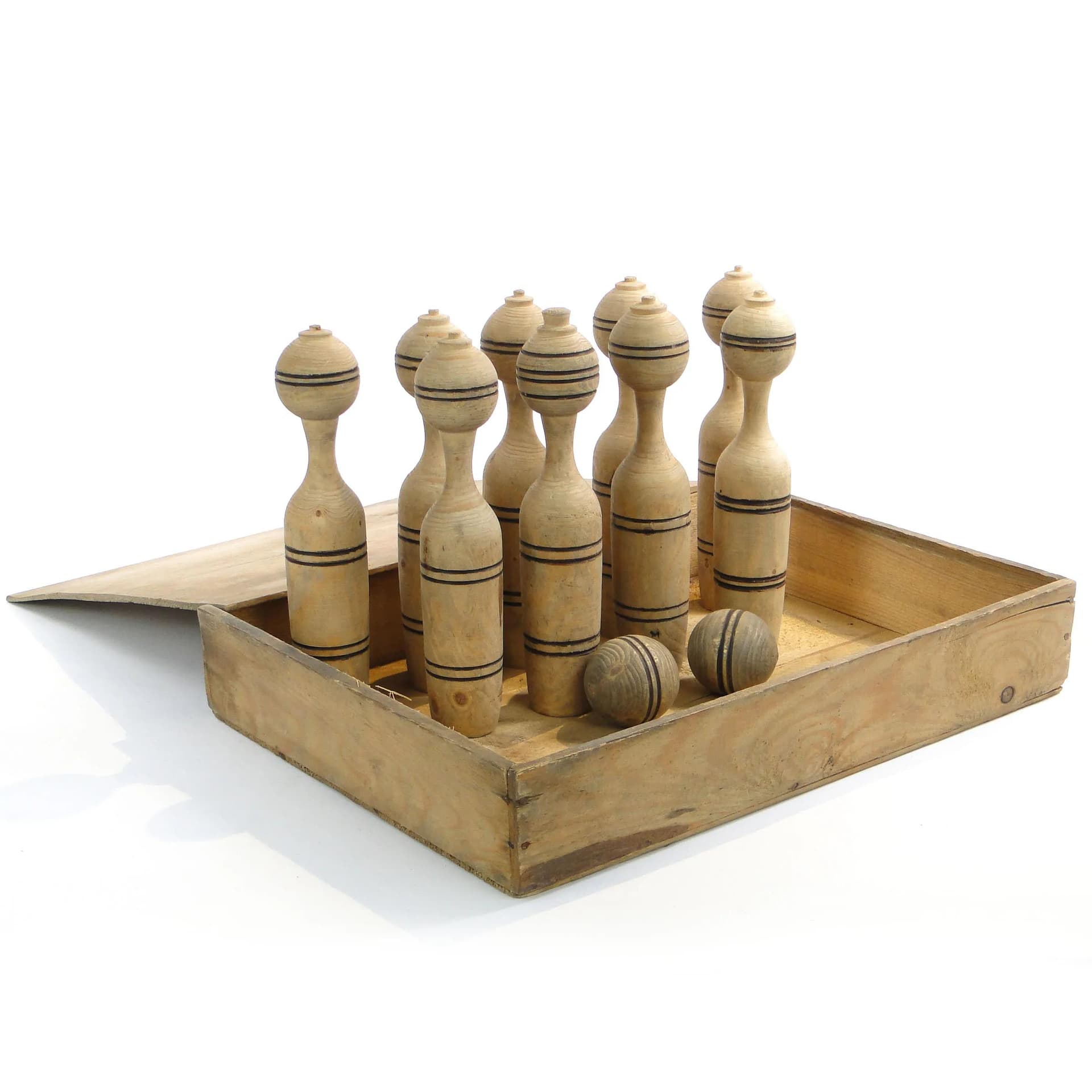 Bowling set, folk, beige wood, Poland, early 20th c. - 31591