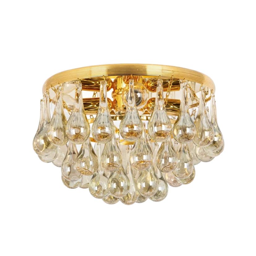Gilded Brass Ceiling Lamp with Murano Glass Drops, by C. Palme, Germany, 1970s