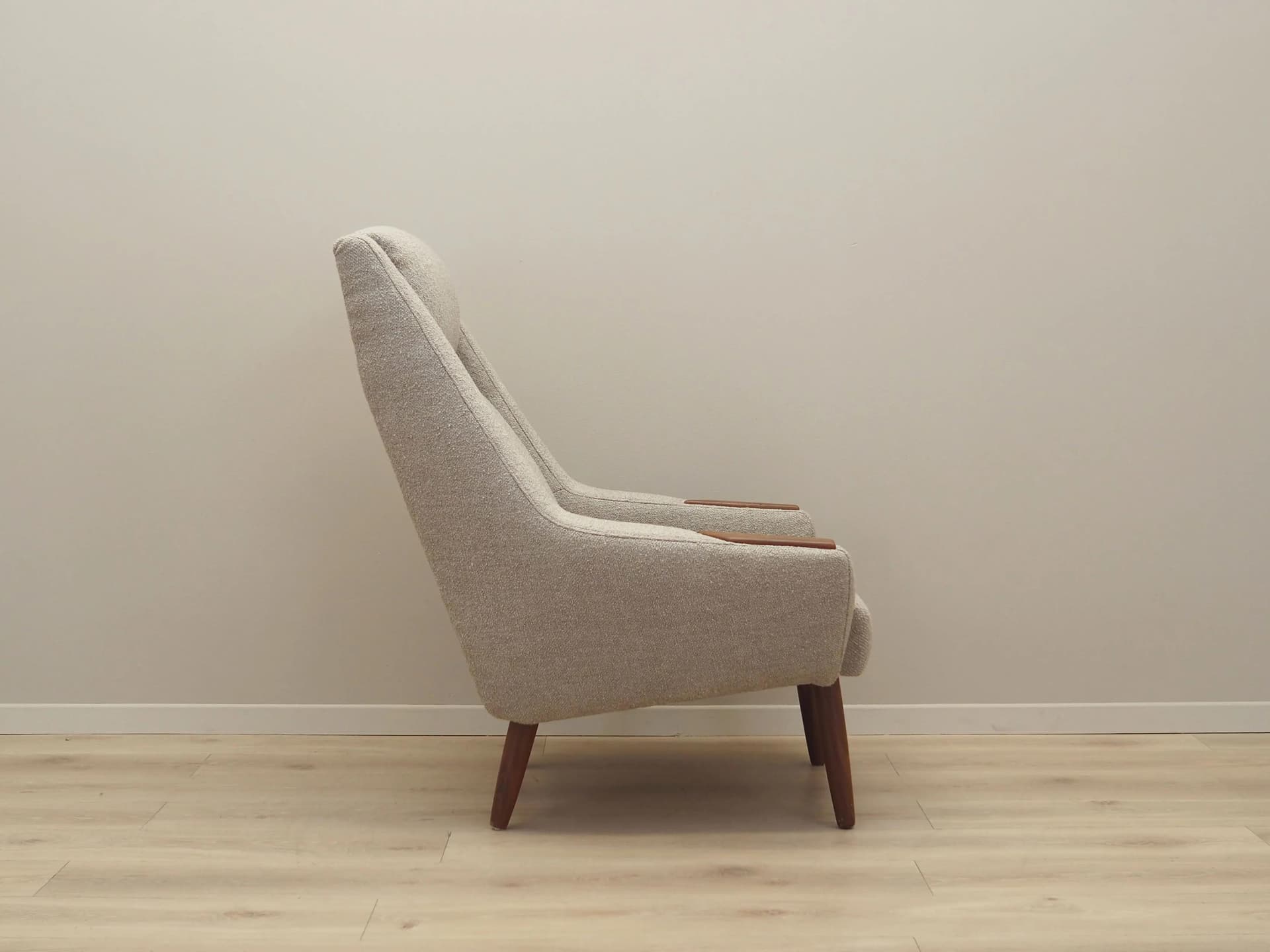 Armchair, beige boucle, teak, Denmark, 1960s - 31868