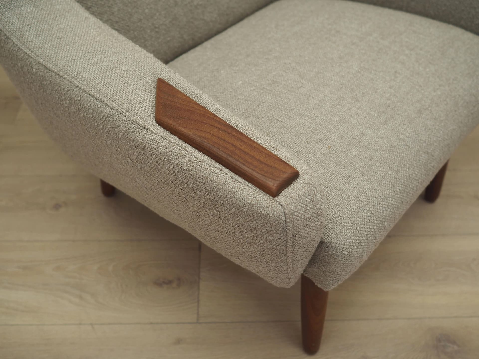 Armchair, beige boucle, teak, Denmark, 1960s - 31874