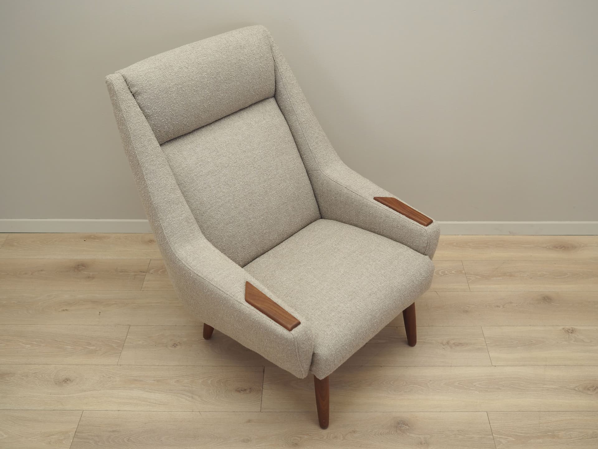 Armchair, beige boucle, teak, Denmark, 1960s - 64244